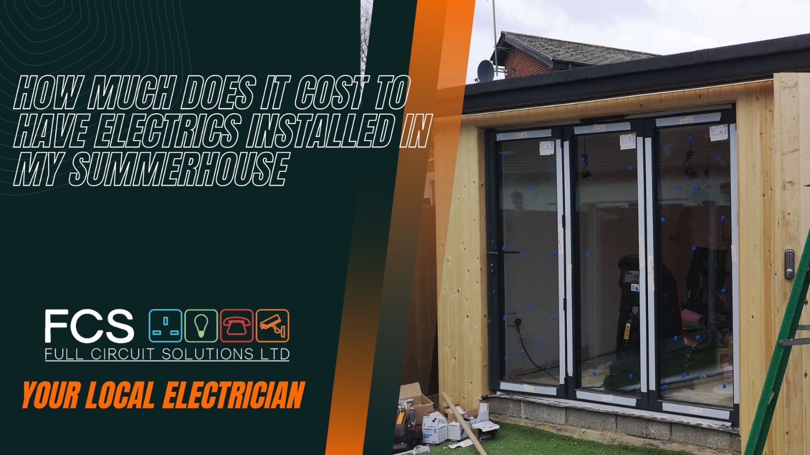 A well-lit garden room, also known as a summer house or garden office, showcasing professionally installed electrical wiring, offering convenience and functionality within the outdoor space